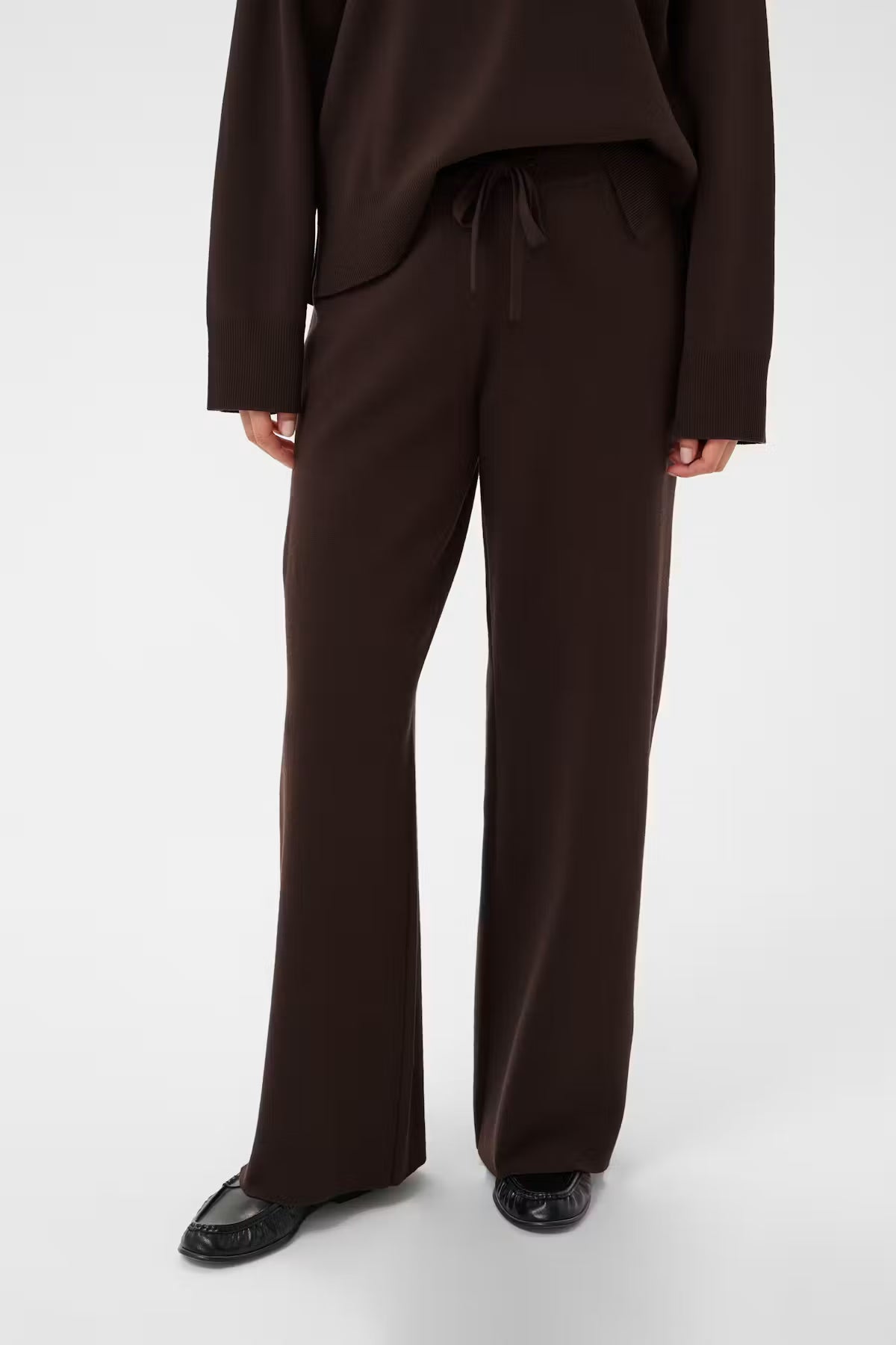 Part Two KatriePW knit wide-leg trousers in mole brown featuring an elastic drawstring waistband and fluid straight-leg fit.