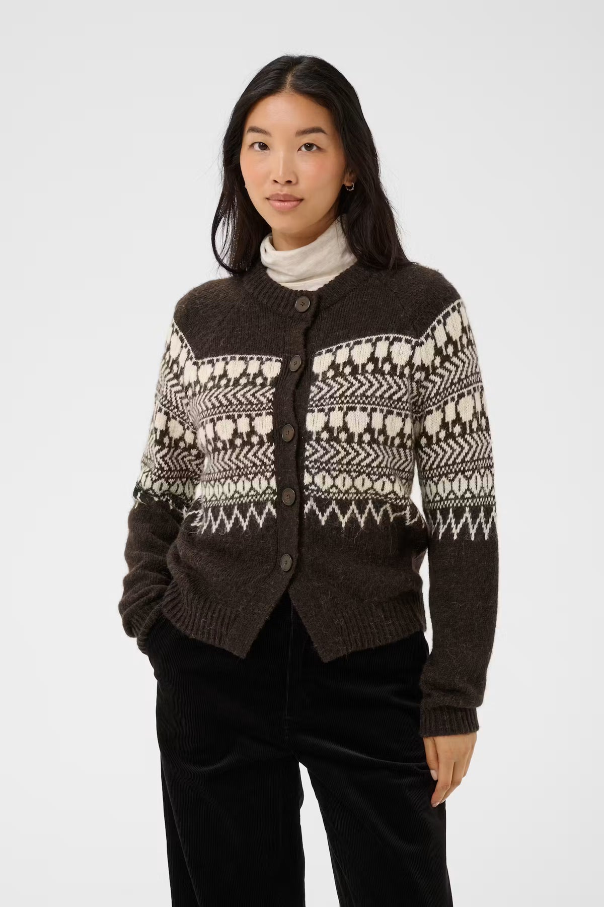 Part Two Charmainepw V-neck alpaca wool blend knit cardigan in brown melange.