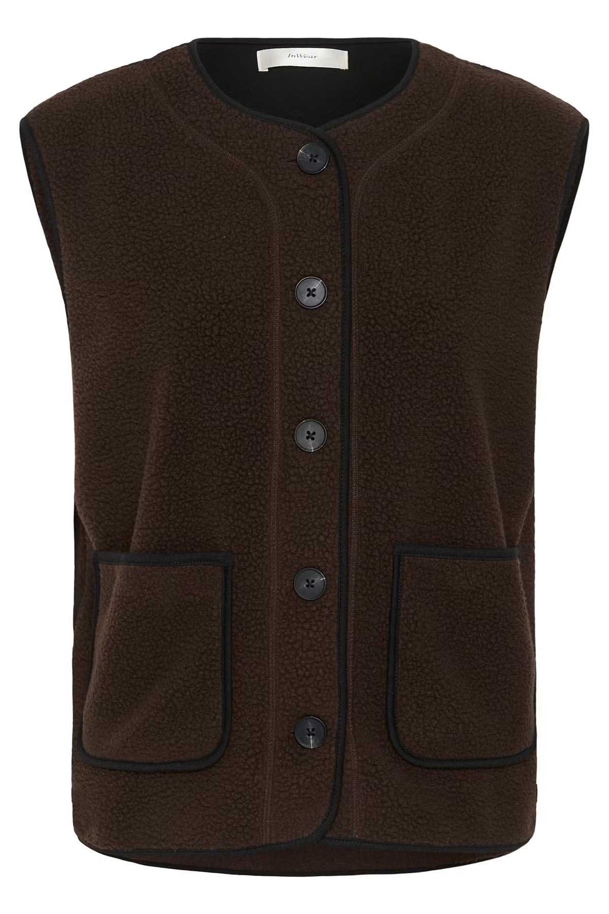 InWear Abbinaiw chocolate brown textured button-front waistcoat vest with contrast trim.