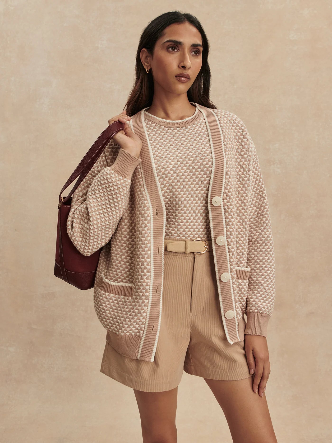Tarran Stitch Knit Cardigan - Light Taupe