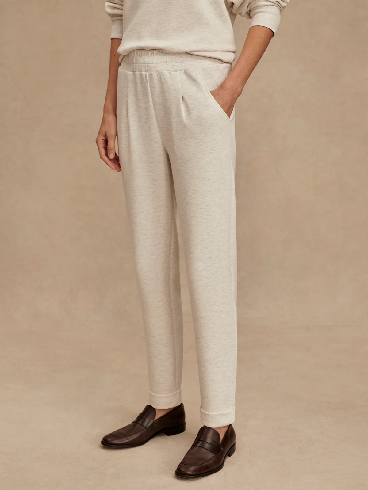ivory marl tailored, slim, tapered fit soft pant 