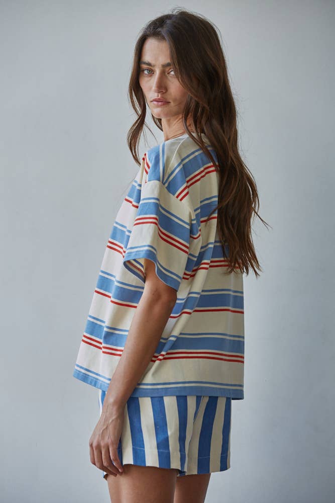 Short Sleeve Top - Cream Blue