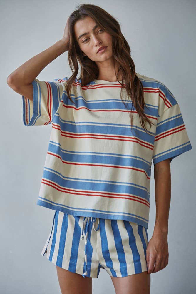 Short Sleeve Top - Cream Blue
