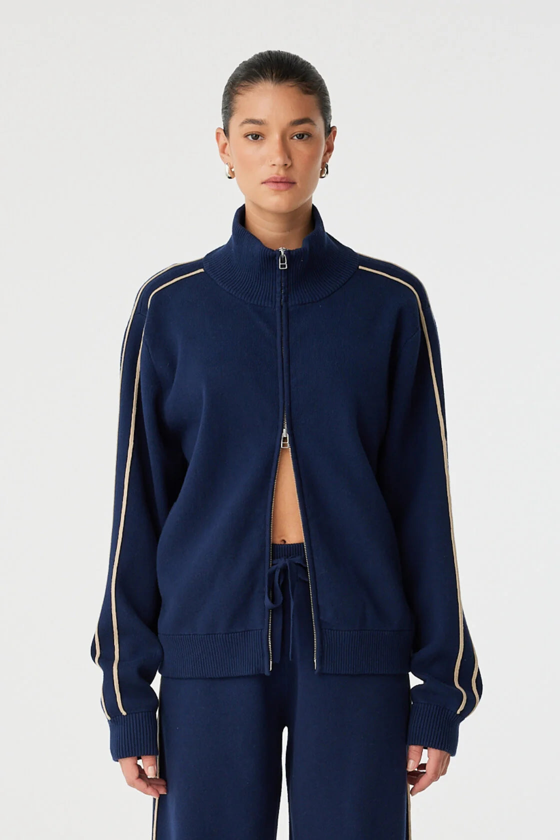organic cotton double zip up jacket navy