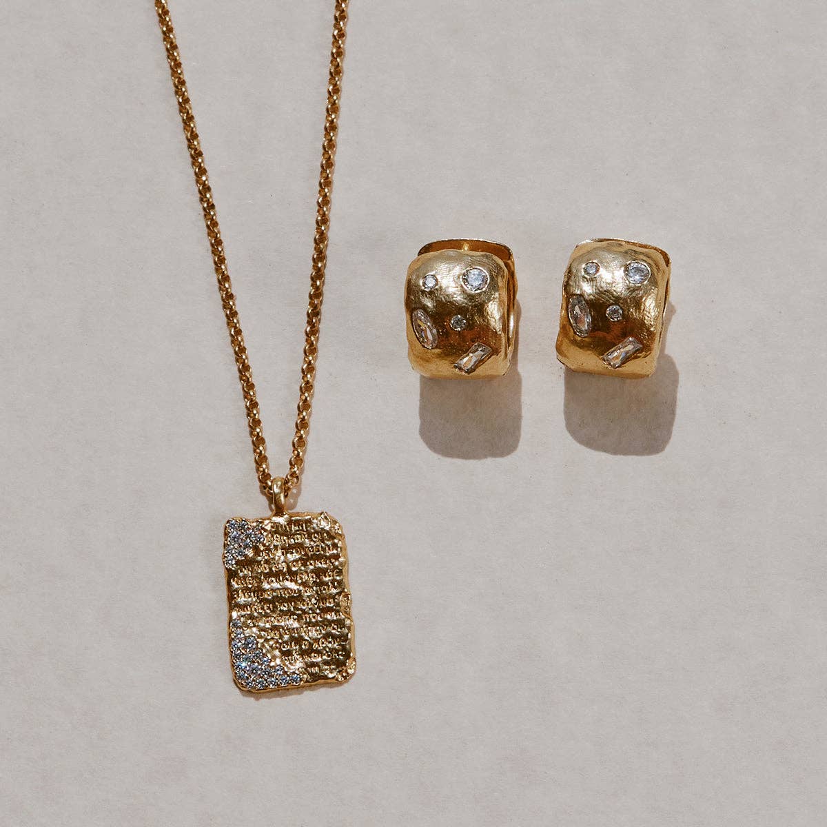 Agapée Lucci chunky hammered gold hoop earrings with white stones