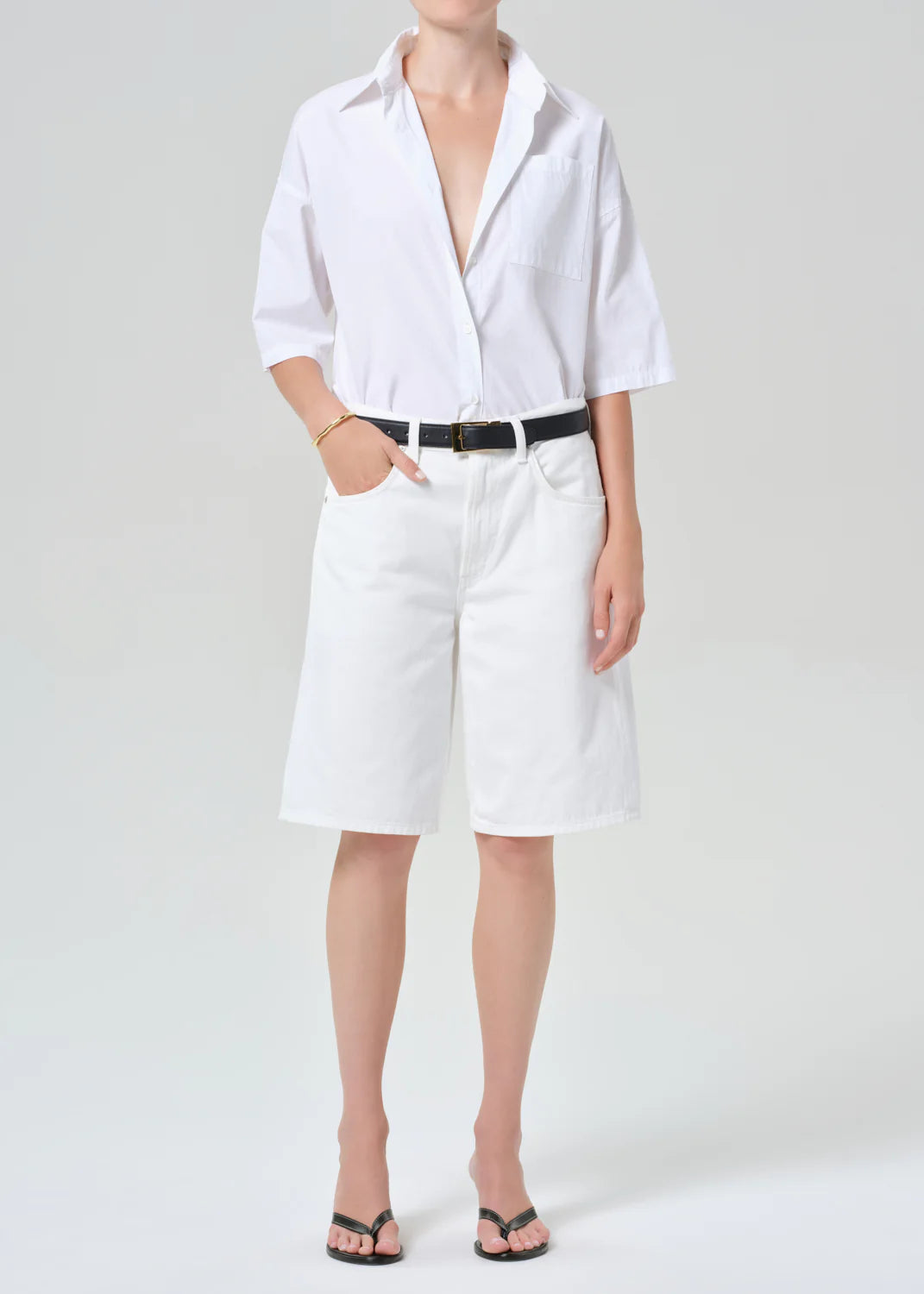 Citizens of Humanity Frances cropped short-sleeve button-up shirt in Optic White cotton poplin with cape back detail.