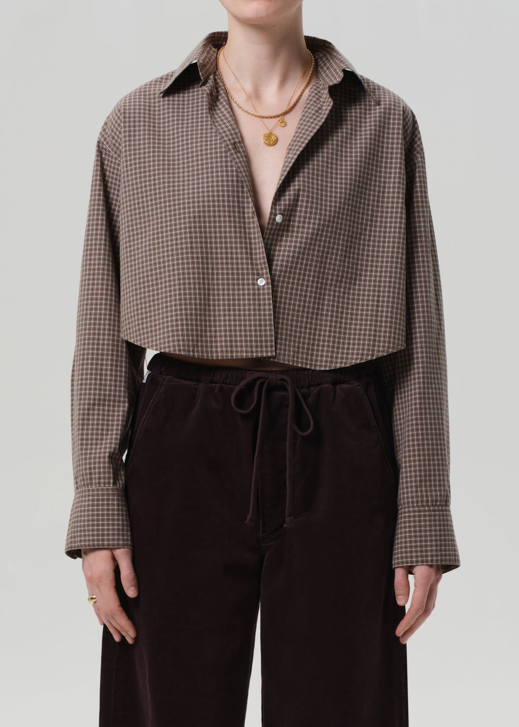 100% cotton dark brown plaid cropped long sleeve 