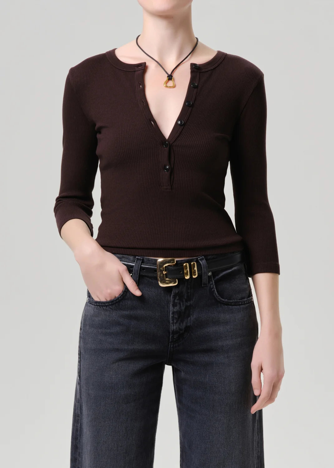 Citizens of Humanity Boy Henley chocolate brown soft cotton long sleeve top.