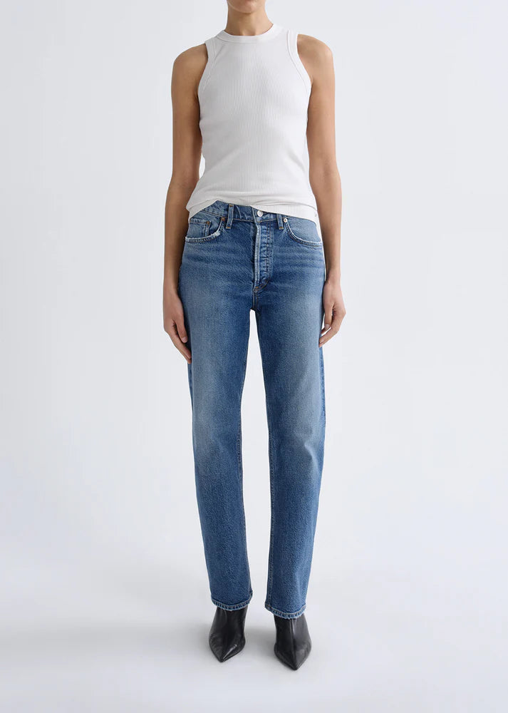 AGOLDE Lana High Rise Vintage Straight jeans in Waive medium indigo wash featuring a high waist, button fly, and straight leg.