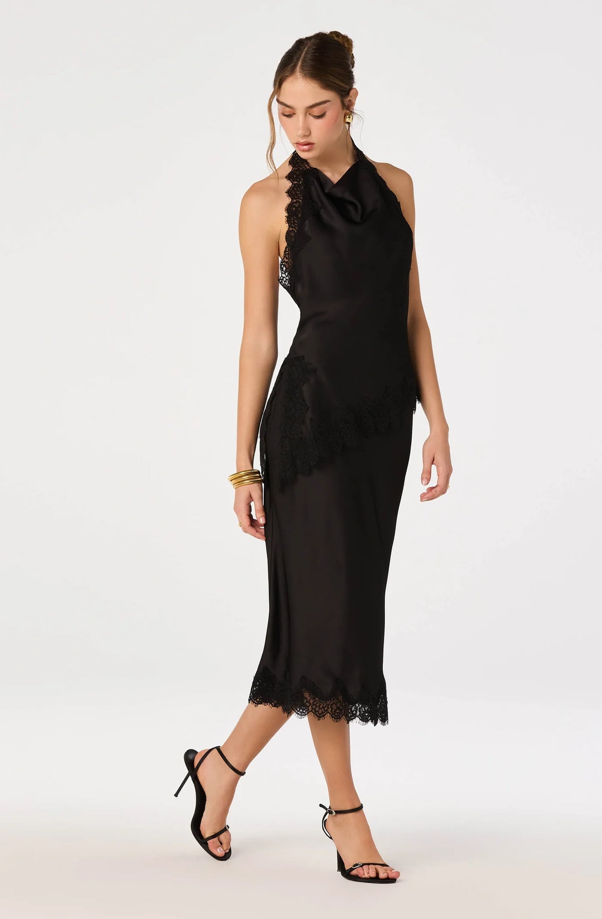 Blossom Satin Lace-Trim Midi Skirt - Black
