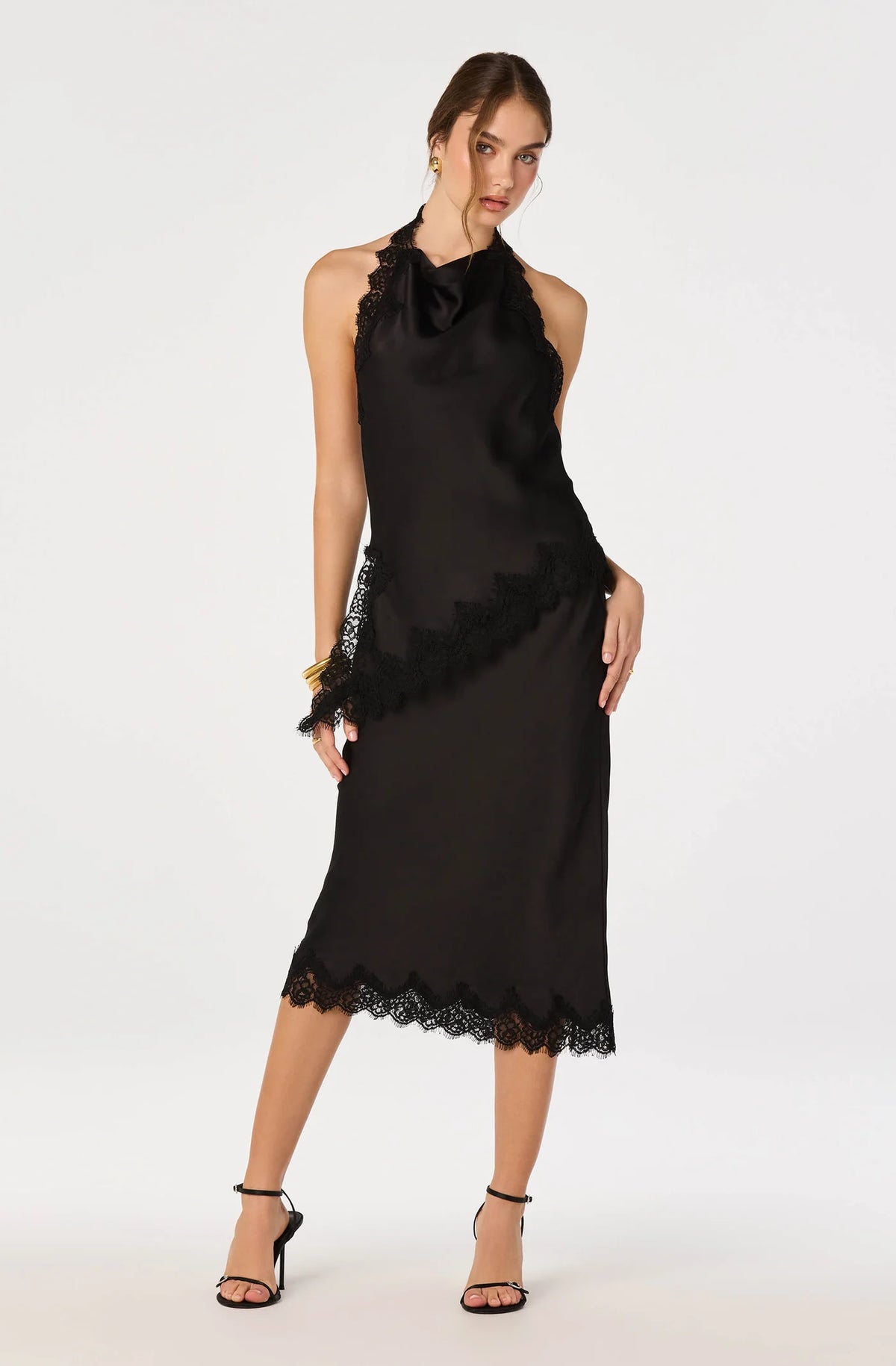 Blossom Satin Lace-Trim Midi Skirt - Black