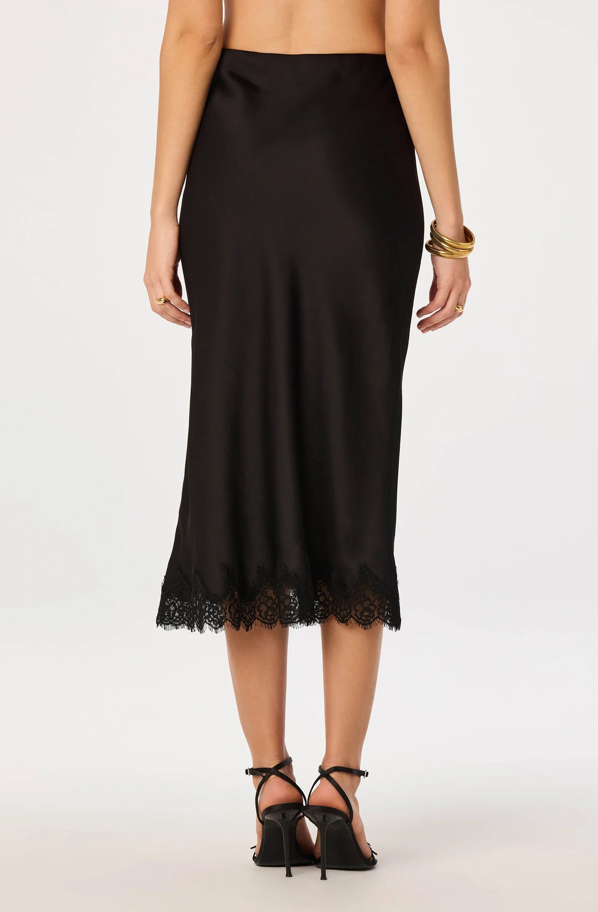Blossom Satin Lace-Trim Midi Skirt - Black