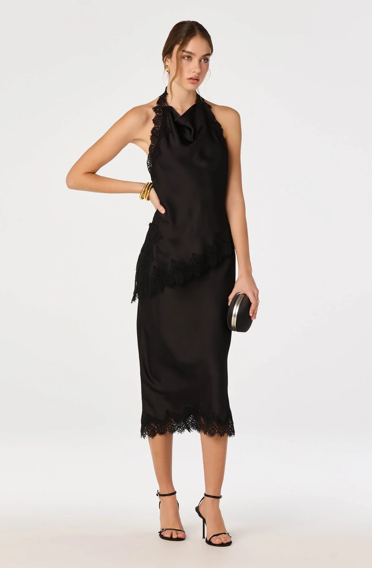 Blossom Satin Lace-Trim Midi Skirt - Black