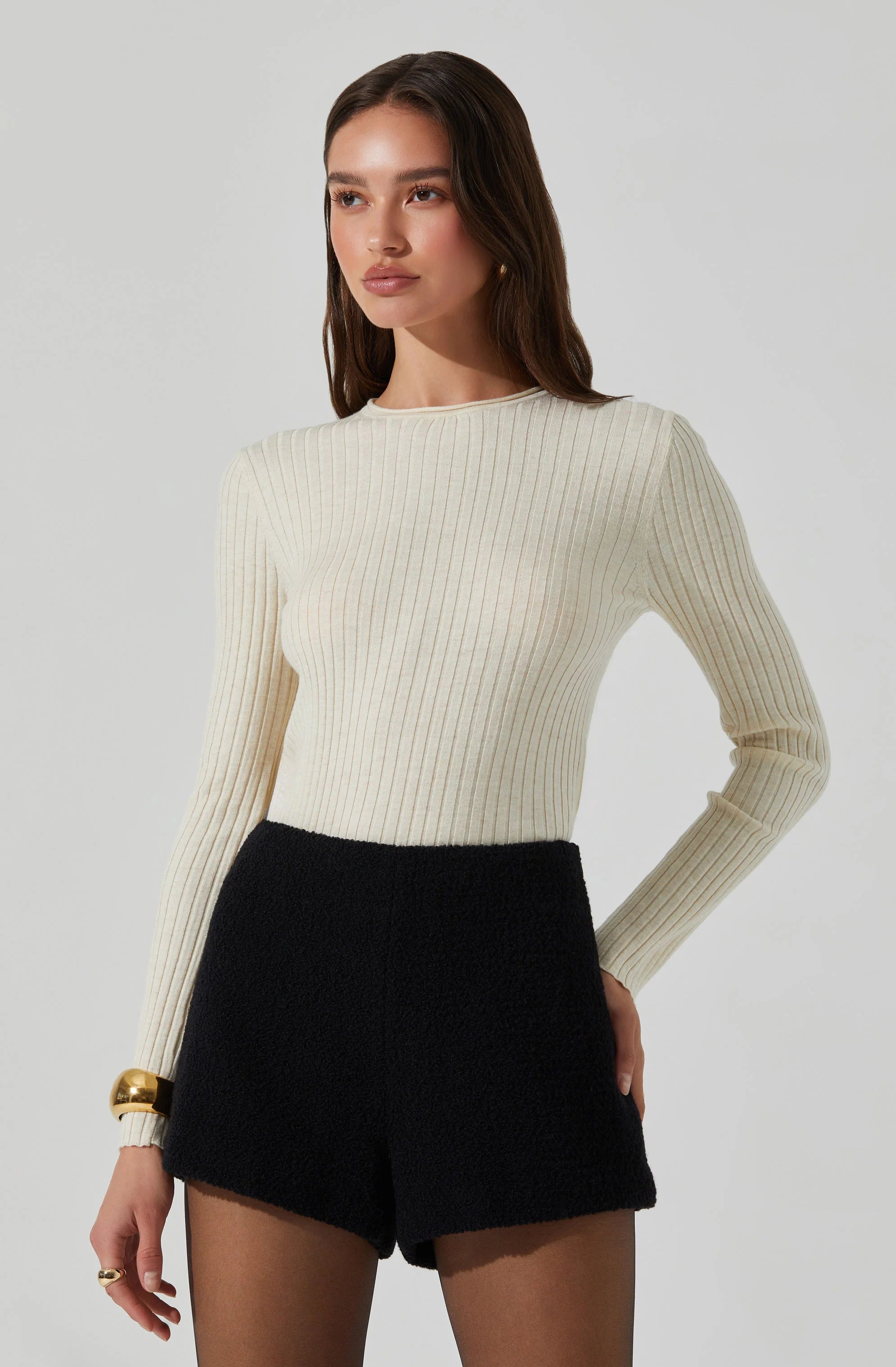 cream long sleeve ribbed shirt