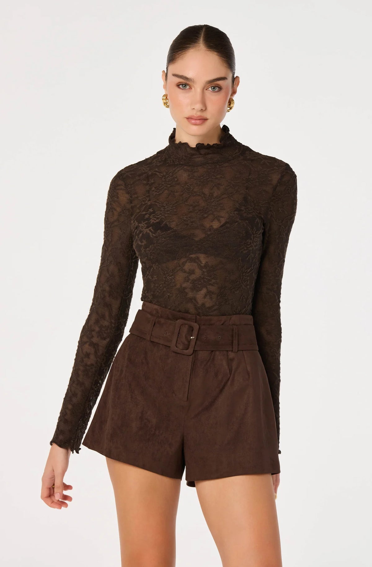 ASTR the Label Kyra black off-the-shoulder top with flared long sleeves.