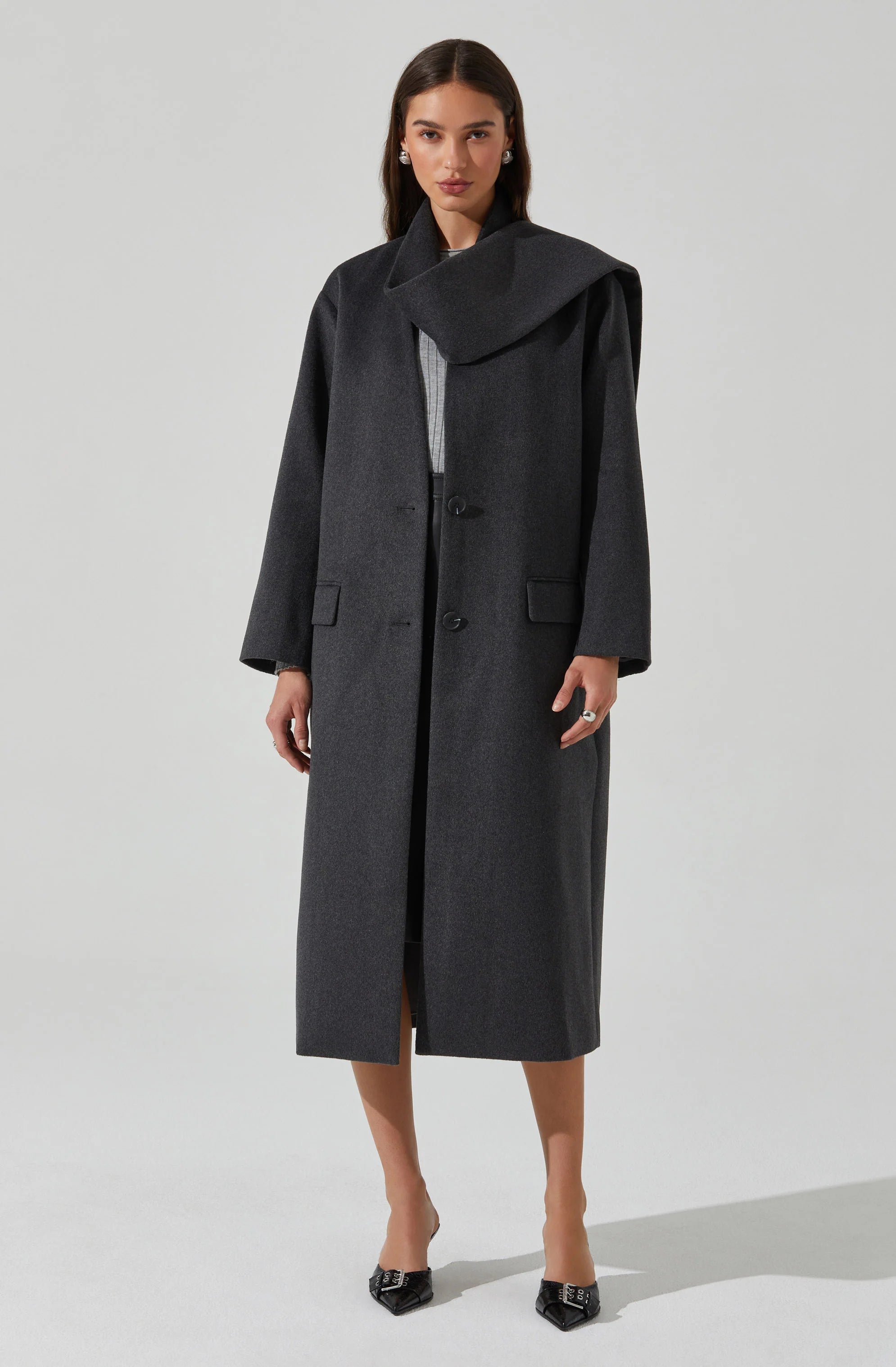 London Scarf Longline Coat - Charcoal