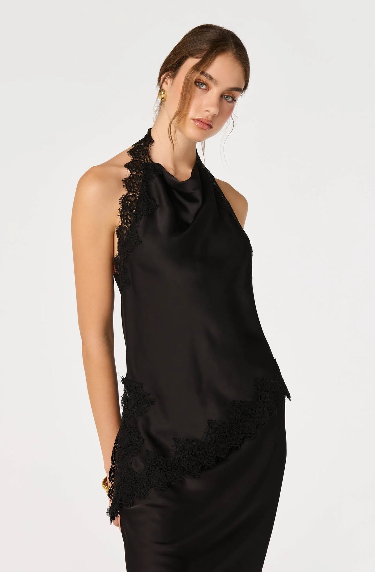 Amira Satin Lace Trim Halter Top - Black