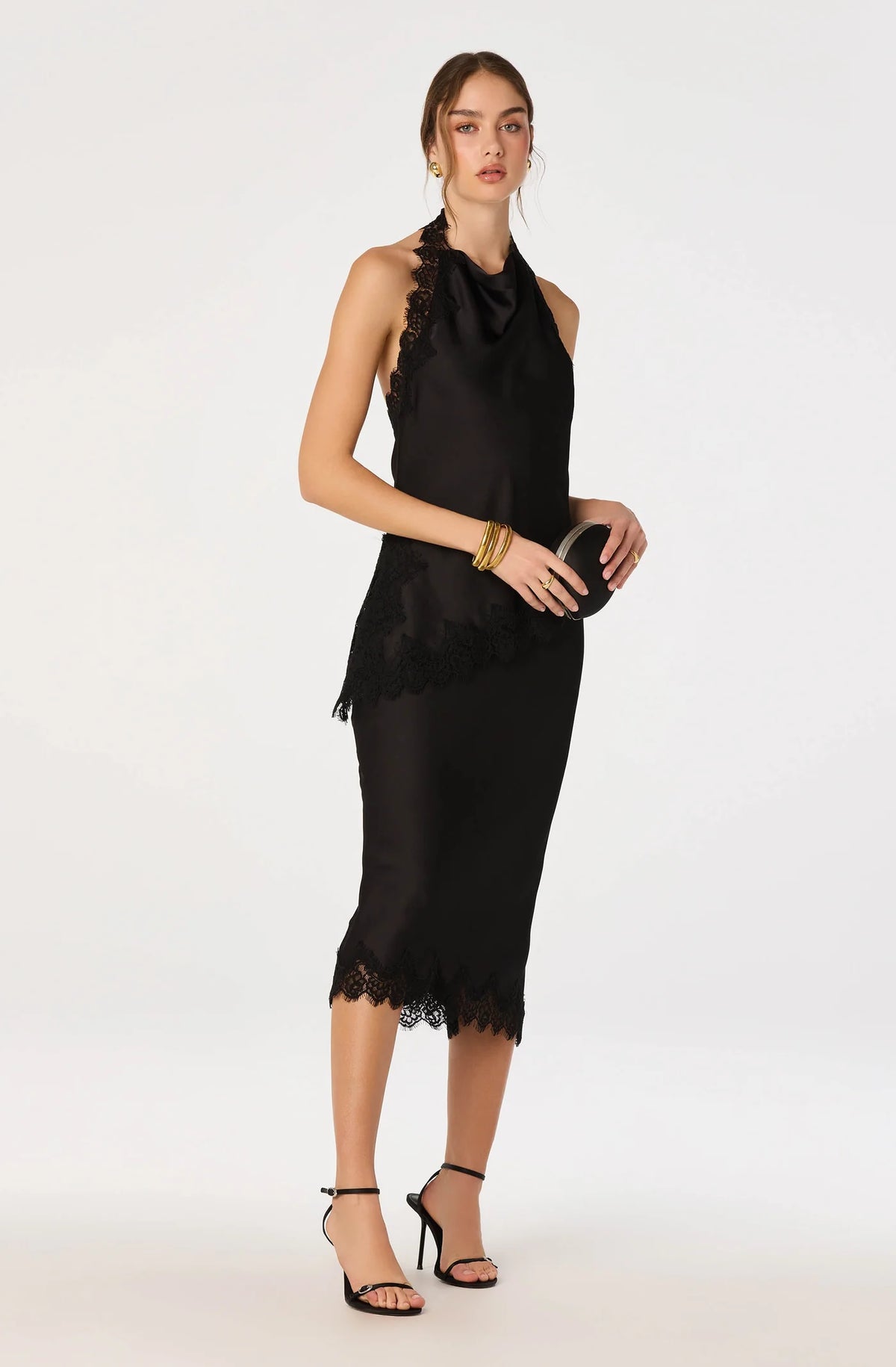 Amira Satin Lace Trim Halter Top - Black