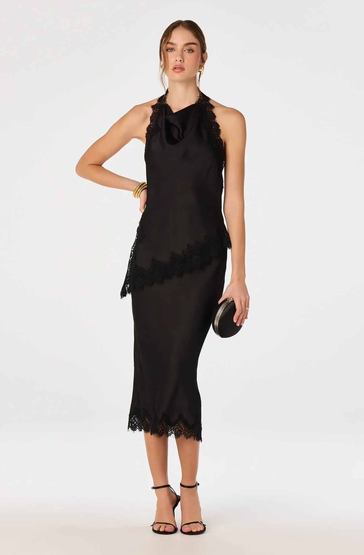 Amira Satin Lace Trim Halter Top - Black
