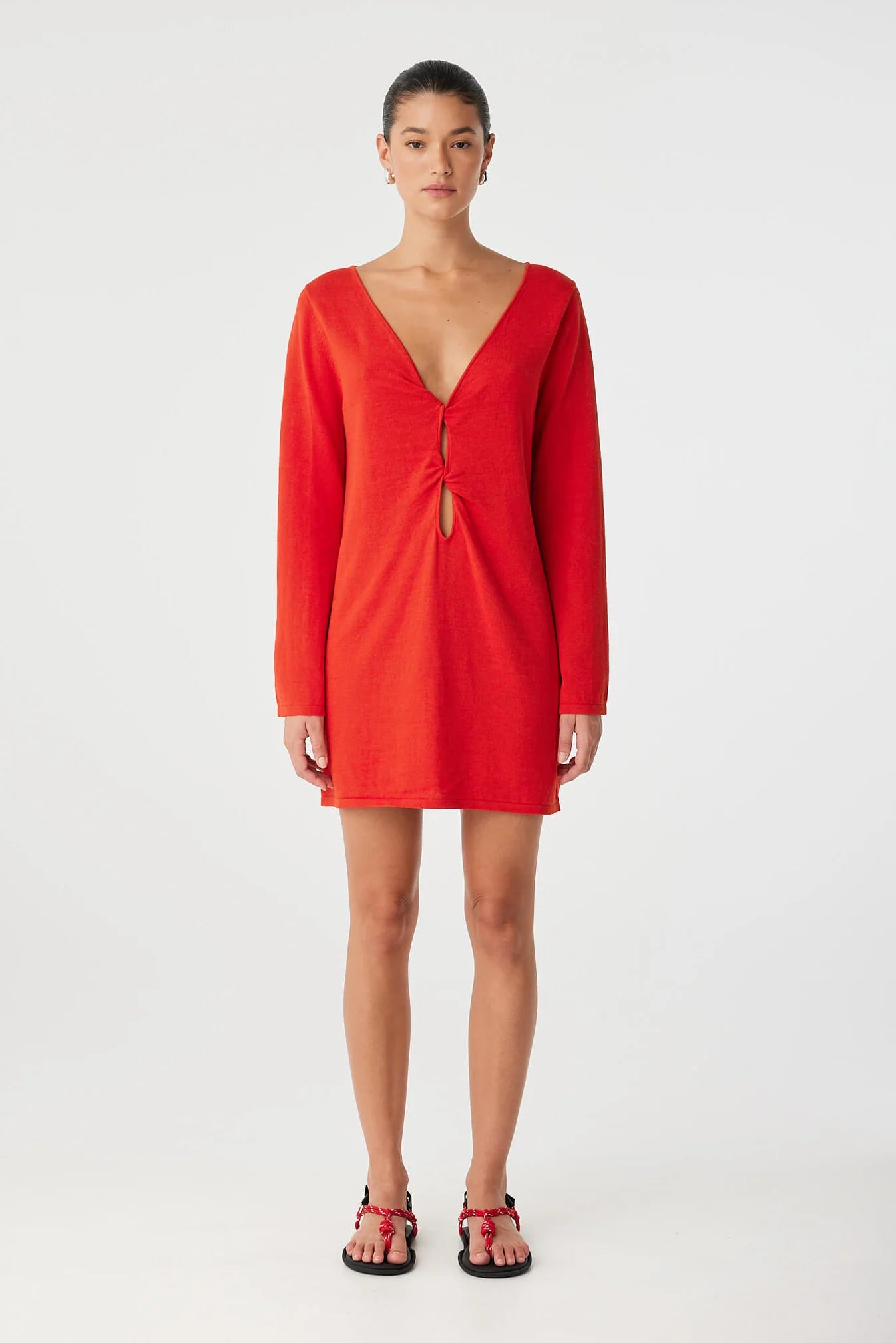 linen cotton blend long sleeve reversible red short dress 