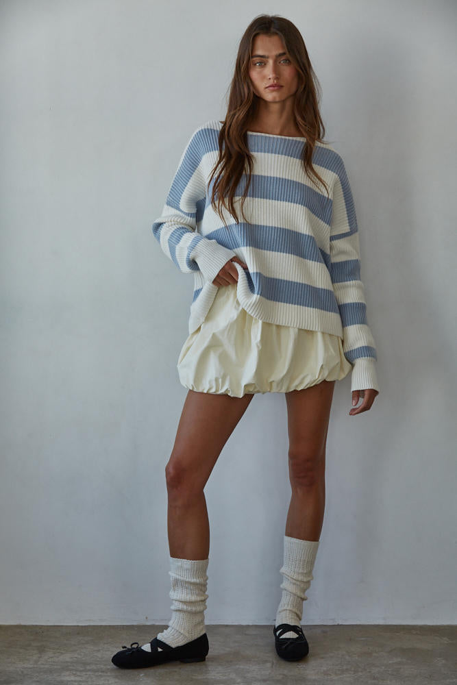 Calloway Striped Boatneck Sweater - Light Blue White