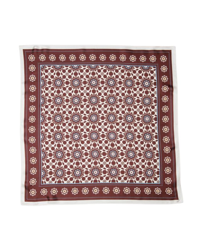 Palm Palm The Chanel square silk scarf in burgundy with blue geometric print, intricate border, and hand-rolled edges.