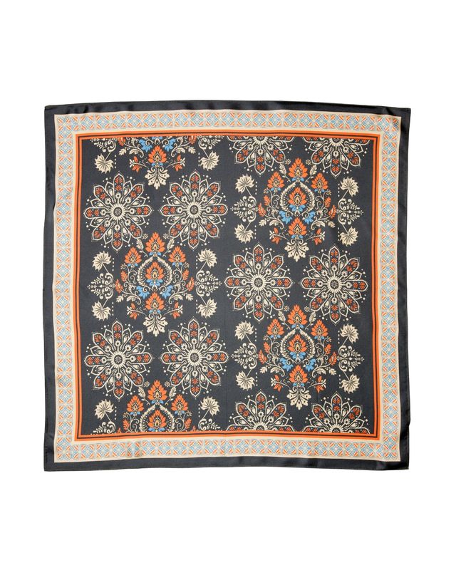 Palm Palm The Carly square silk scarf in black multi featuring geometric print and hand-rolled edges.