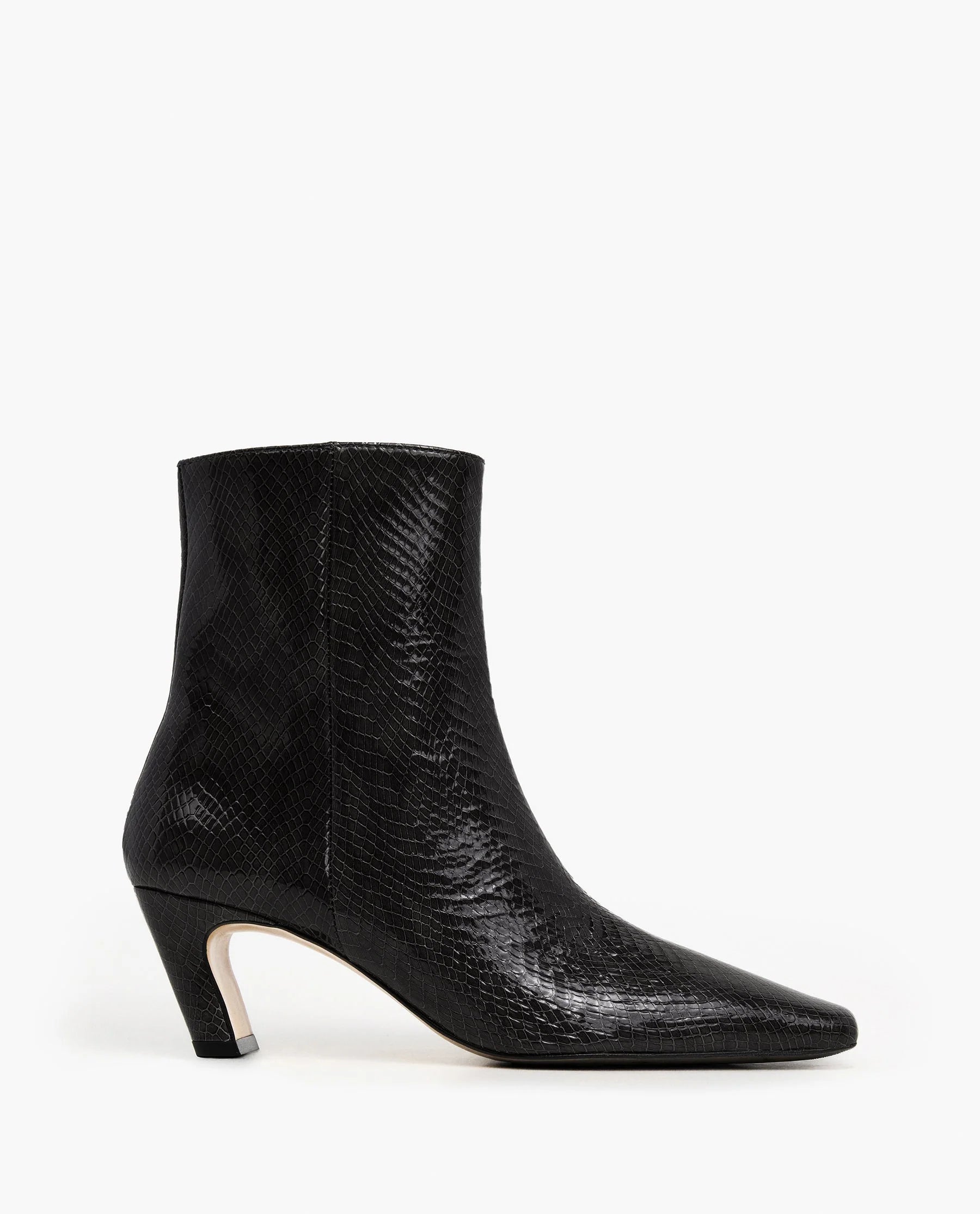 Flattered Xena structured square-toe ankle boots in black snake-embossed leather featuring a mid block heel.