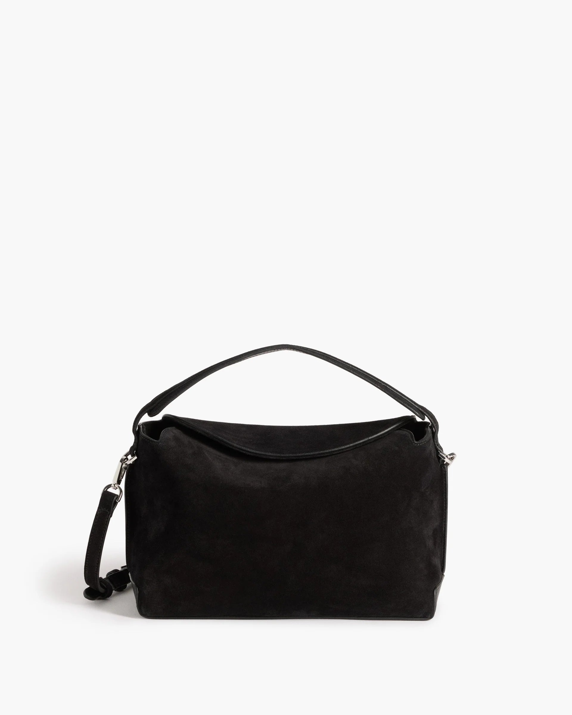 Flattered Helia minimalist top-handle handbag in premium black suede with silver hardware and a detachable crossbody strap.