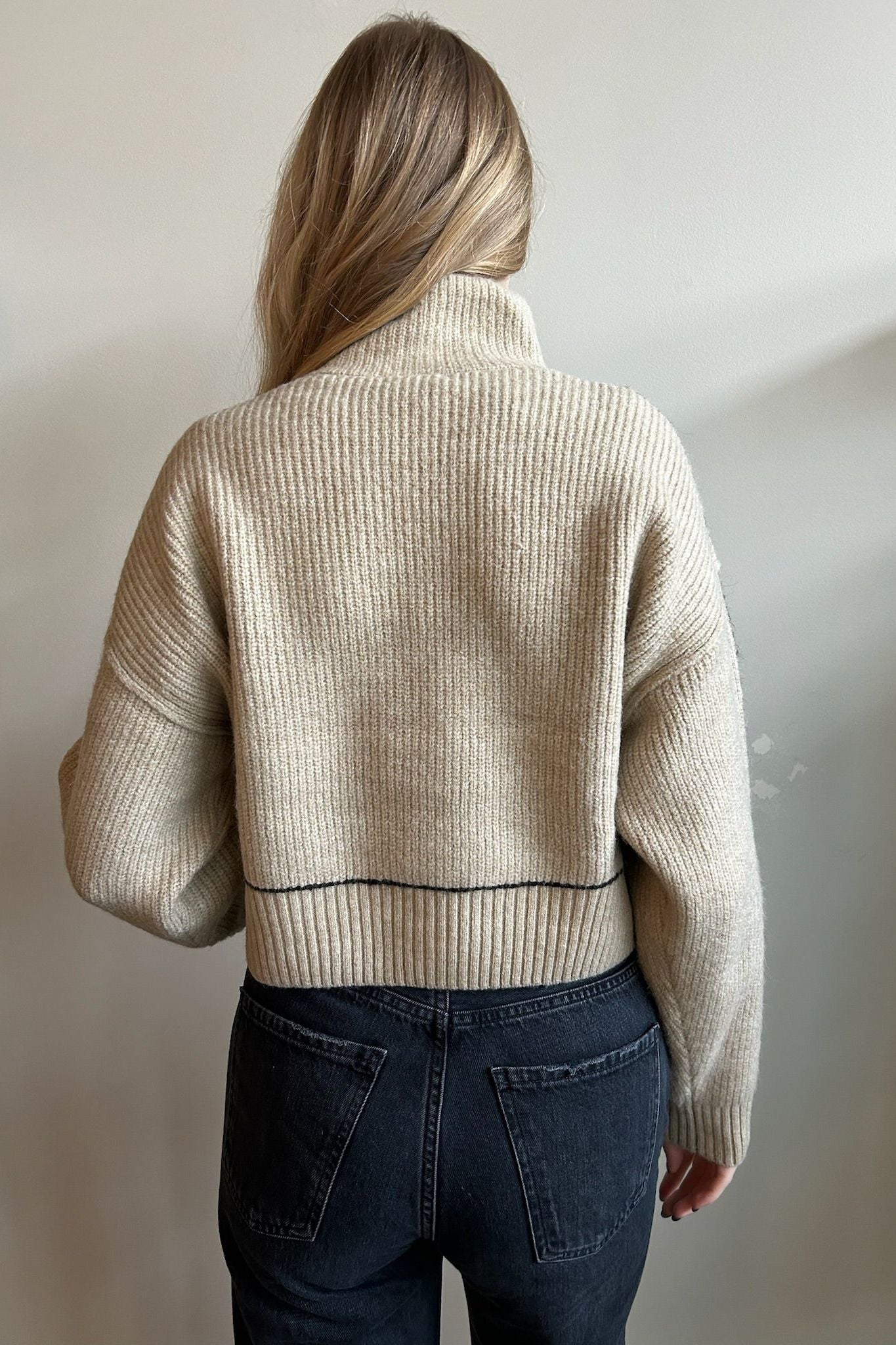 Waist Length Boxy Mock Neck Sweater - Cream/Black