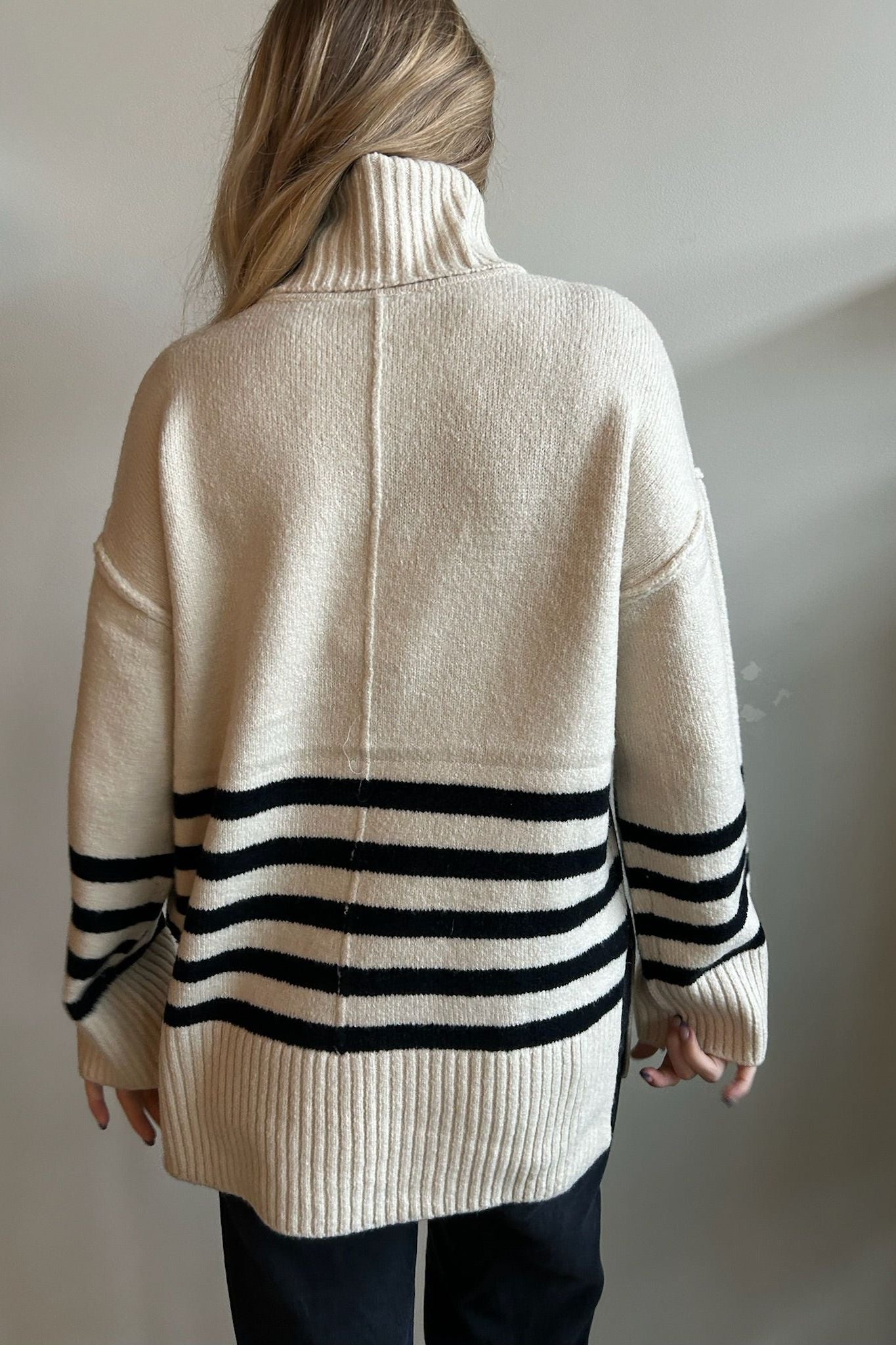 Relaxed Mock Neck Stripped Sweater - Cream/Black