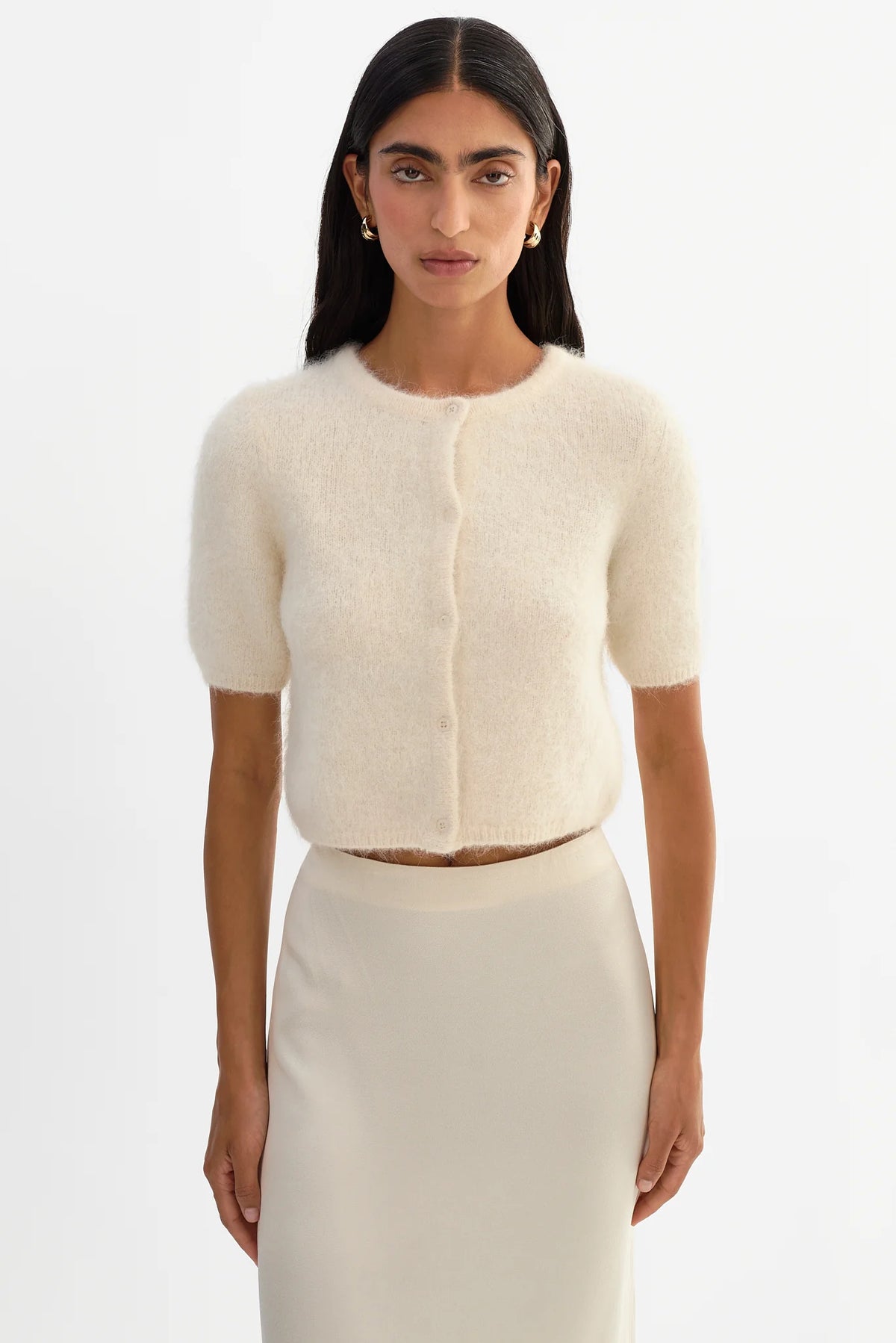 LAMARQUE Kendra cropped short sleeve alpaca blend cardigan sweater in ivory.