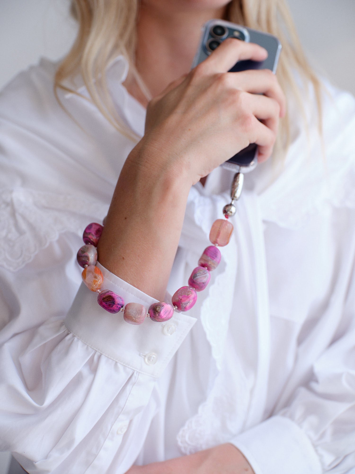 OSSA Large Cut Gemstone Wristlet in Fuchsia Agate – front view
