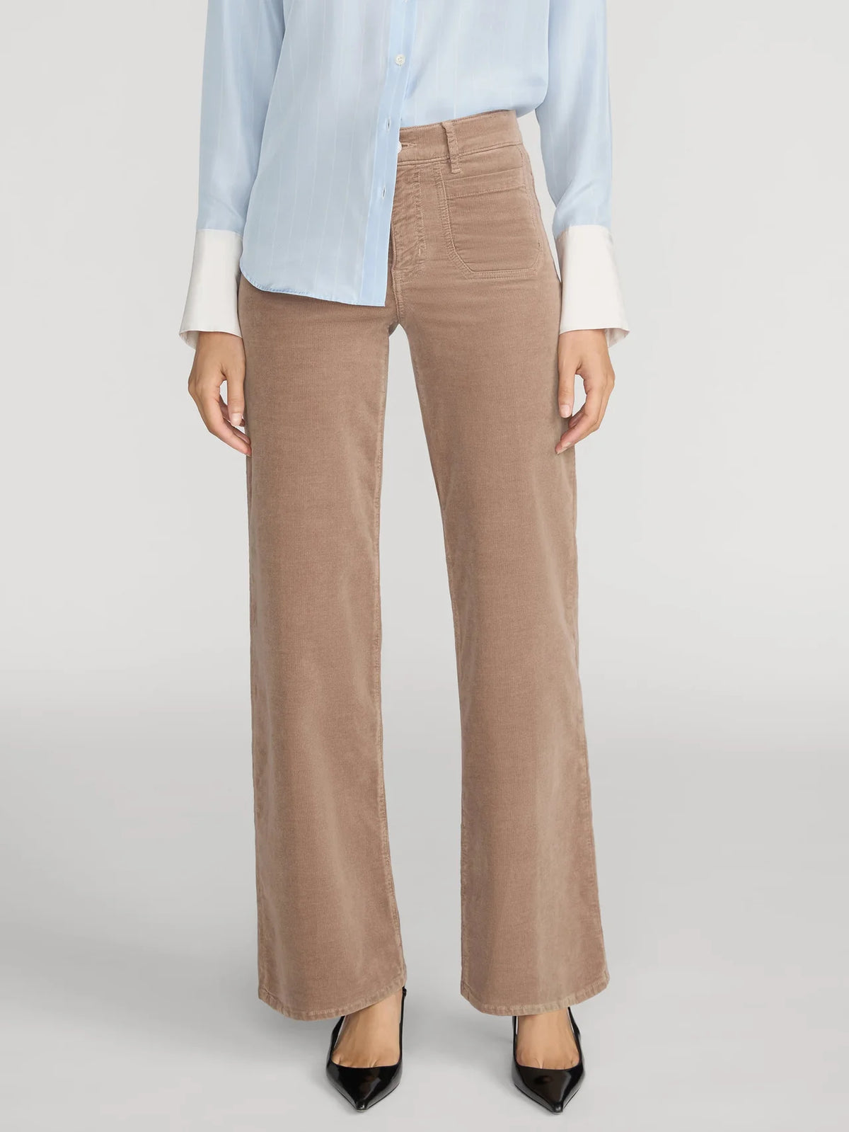 FRAME Le Slim Palazzo high-rise dark grey corduroy wide-leg trousers with patch pockets.