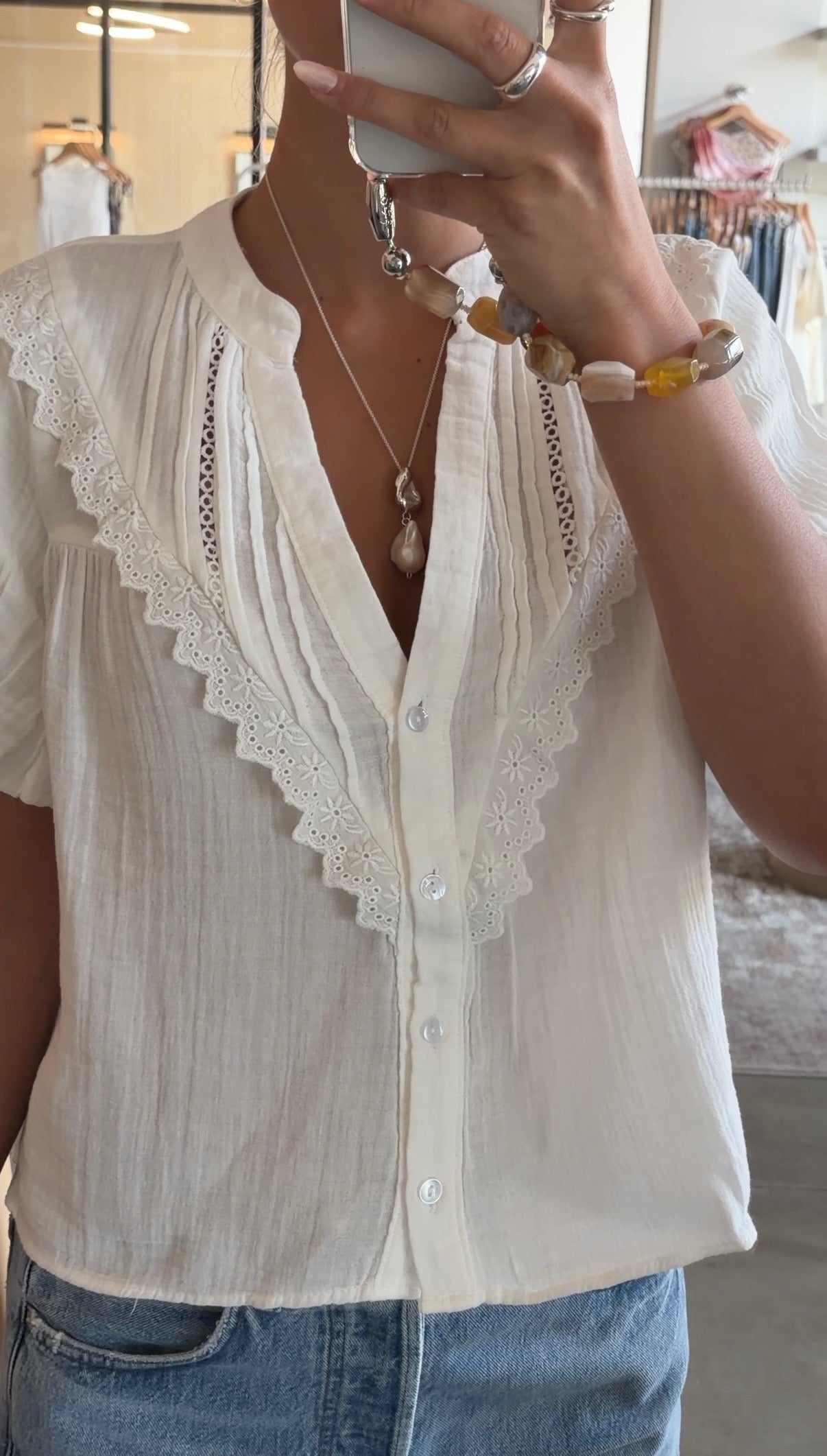 Lace-Trim Puff Sleeve Gauze Blouse - White