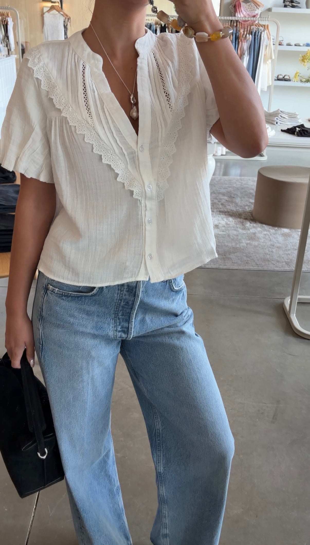 Lace-Trim Puff Sleeve Gauze Blouse - White