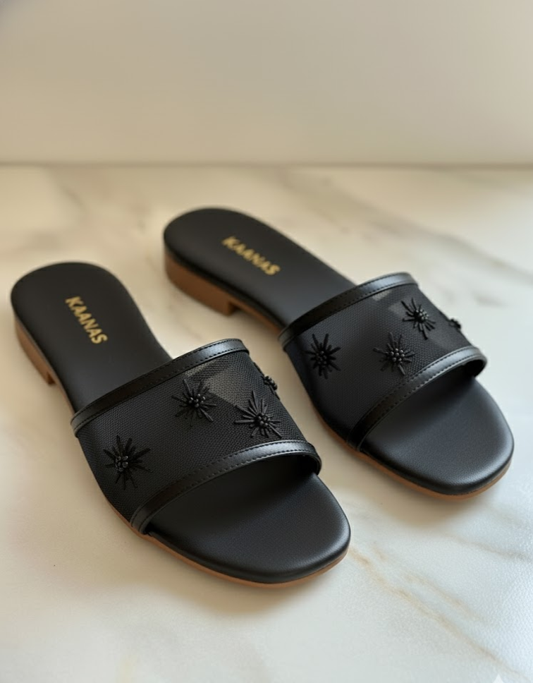 Sole Embroidered Mesh Slide - Black