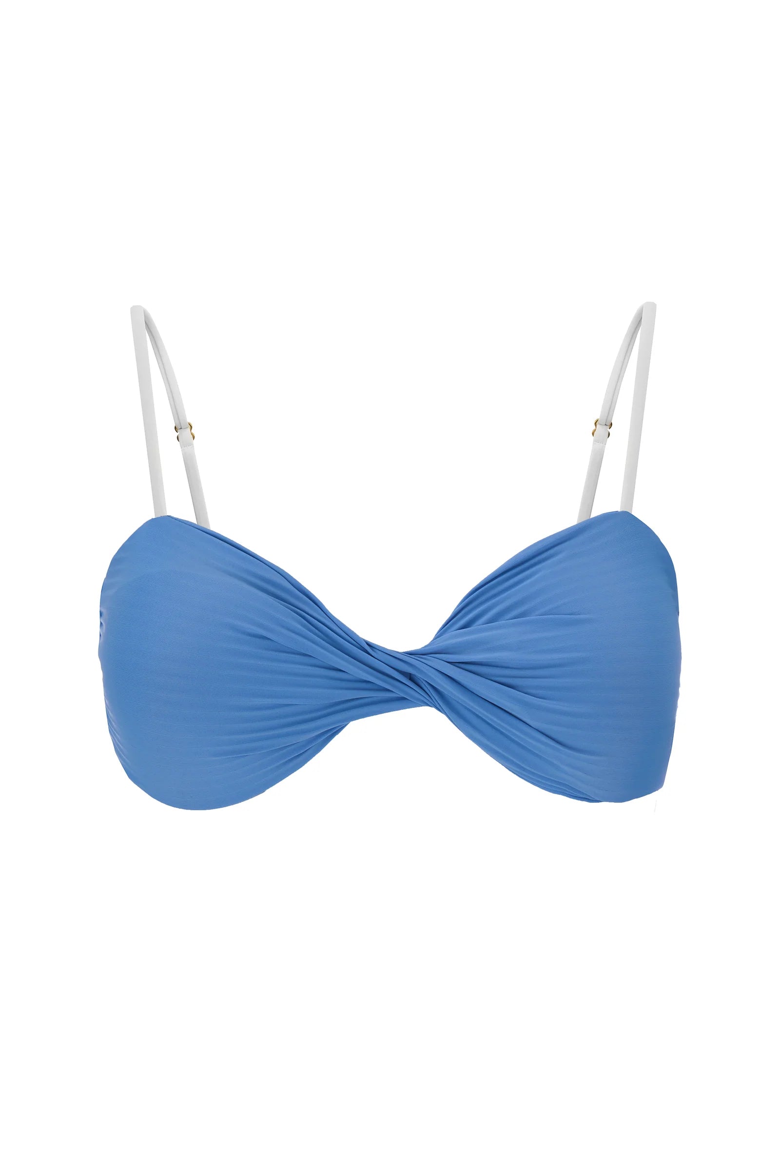 Sancia Anja Bikini Top in Pacific blue front view twisted bust detail flat lay