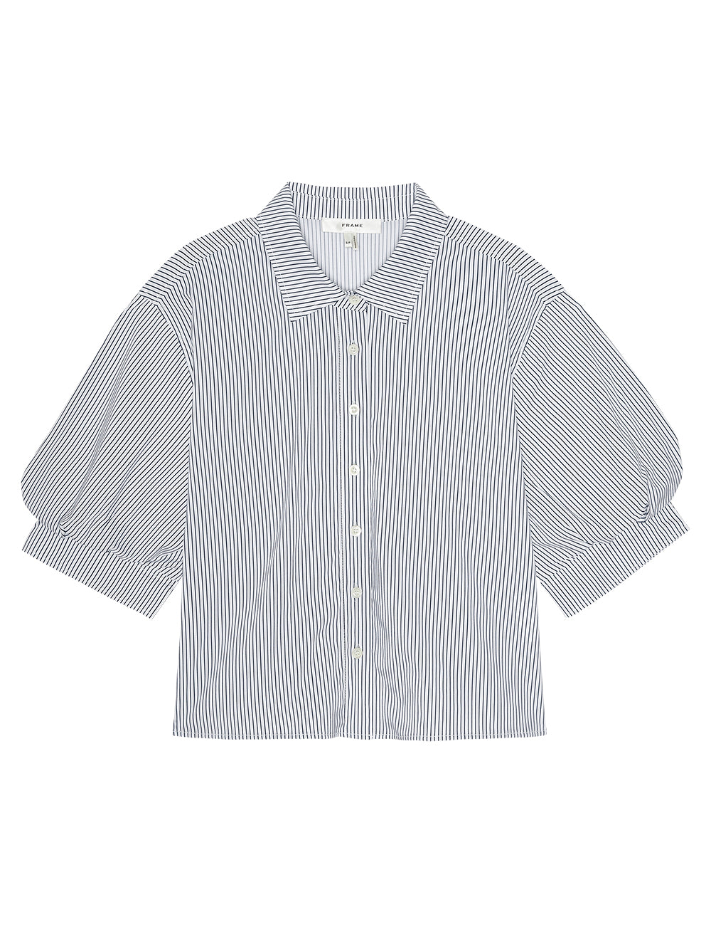 Short sleeve Billow Sleeve Shirt in navy and white stripes with puff sleeves