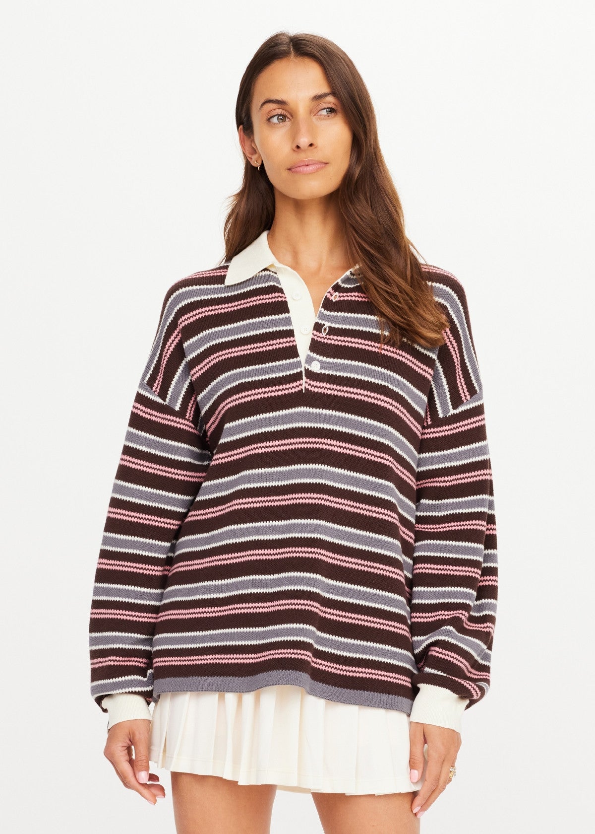 The Upside Wonder Knit long-sleeve striped polo jumper in premium organic cotton with a button placket and contrast collar.