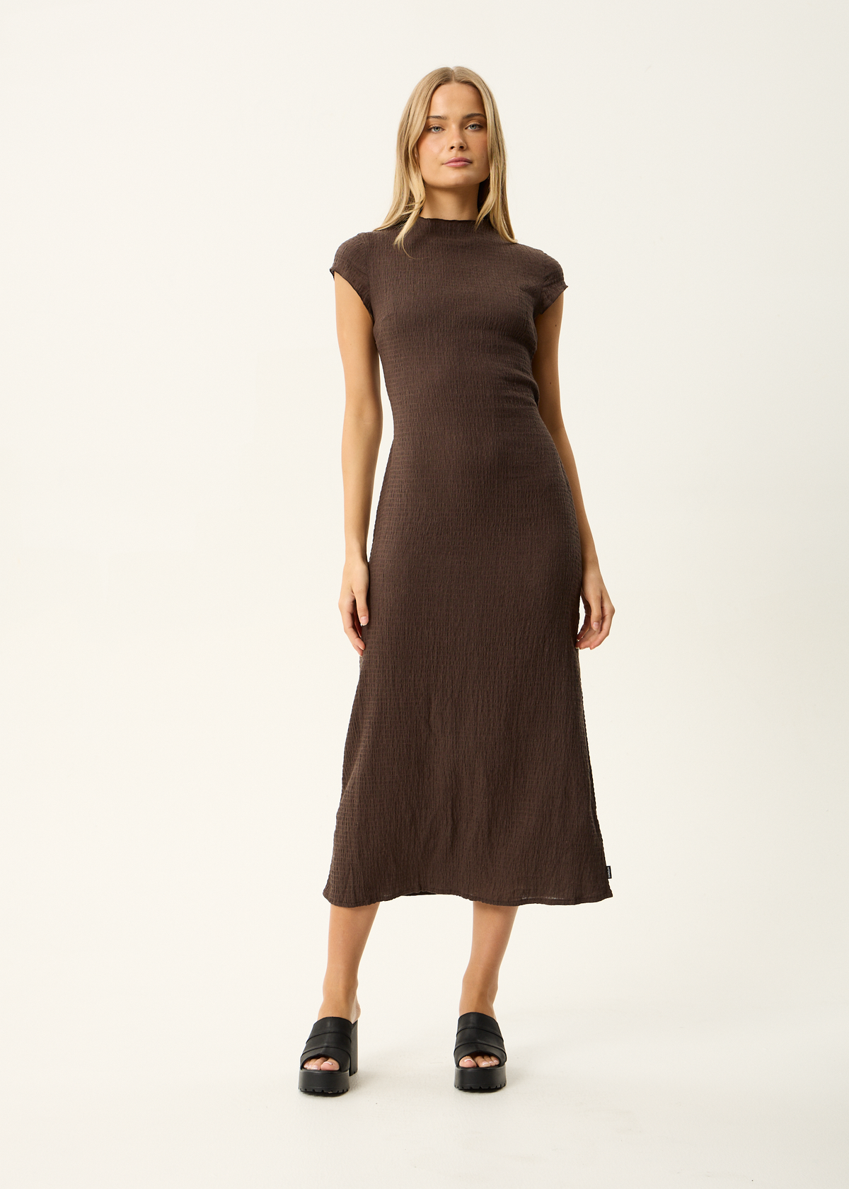 Elodie - Hemp Seersucker Midi Dress - Coffee, front view