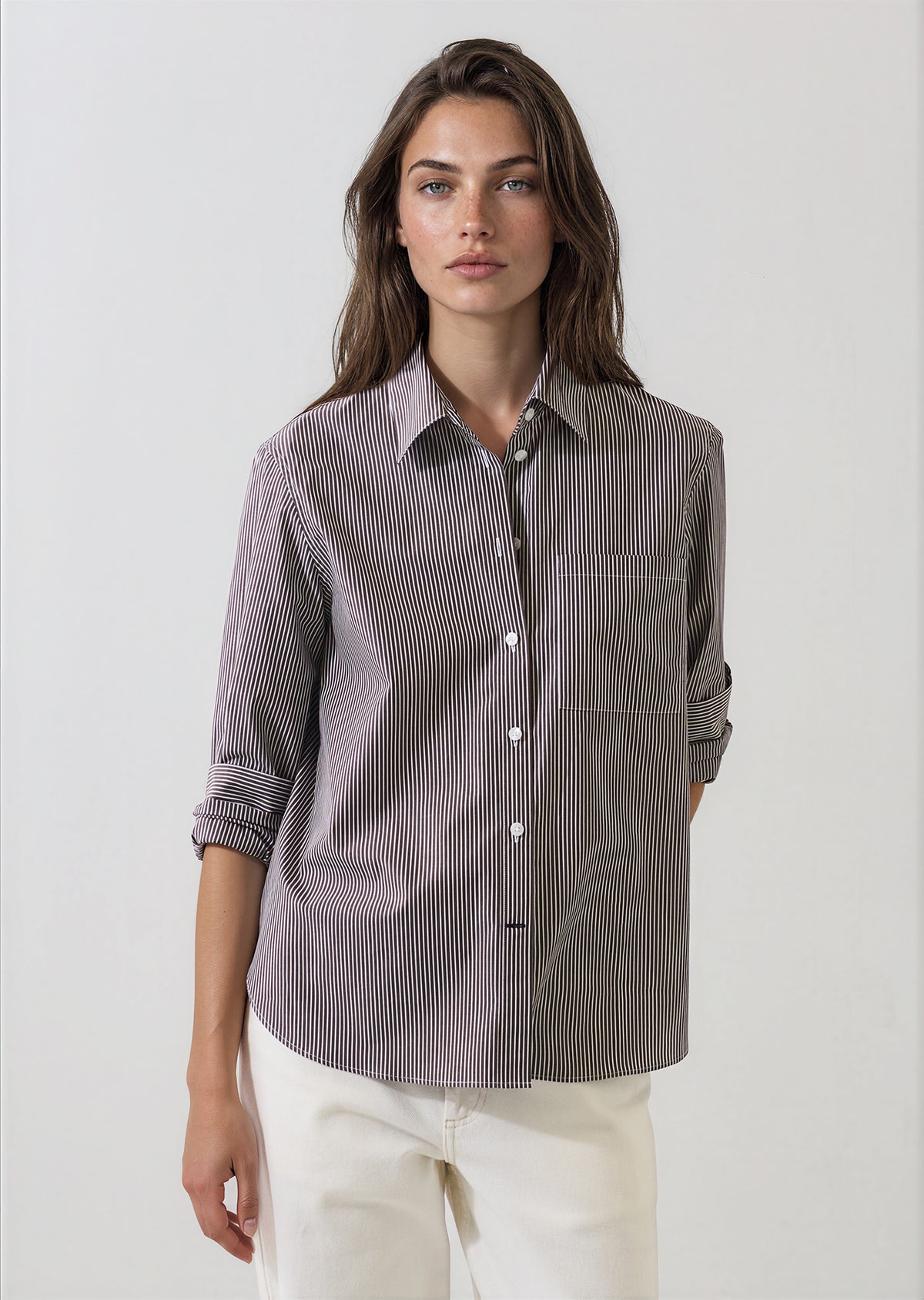 Patrick Assaraf brown and white fine stripe oversized cotton poplin button-down shirt.