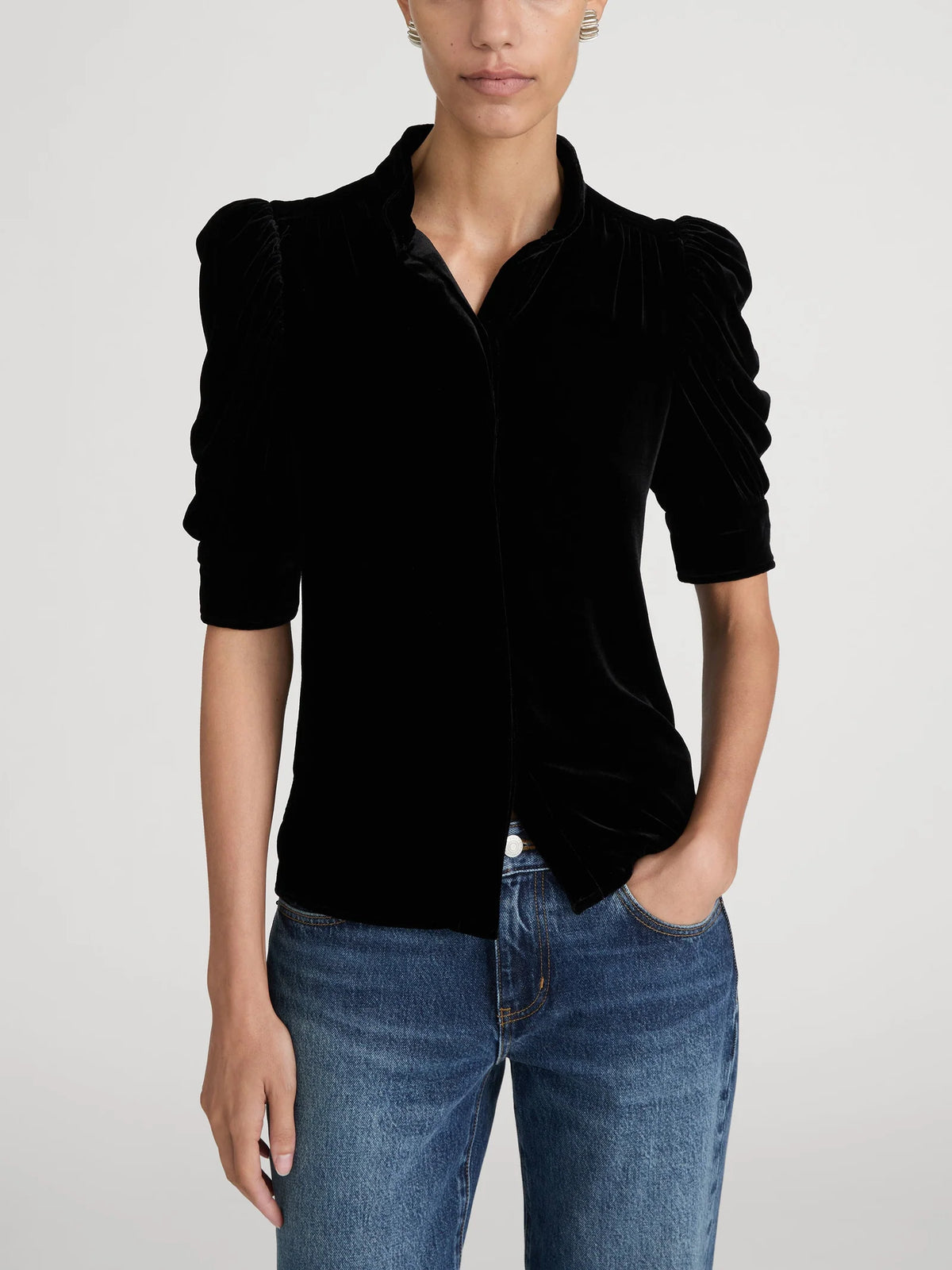 FRAME The Velvet Gillian black silk blend puff sleeve velvet blouse.