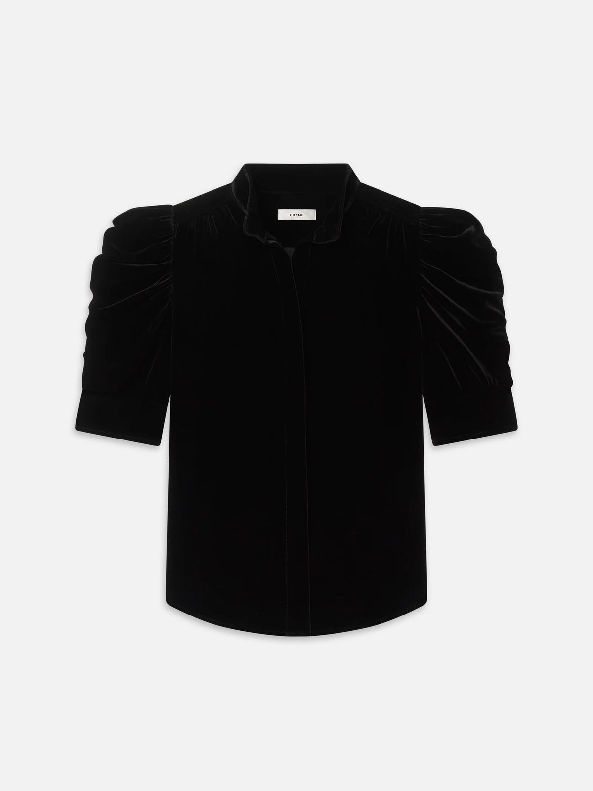 FRAME The Velvet Gillian black silk blend puff sleeve velvet blouse.