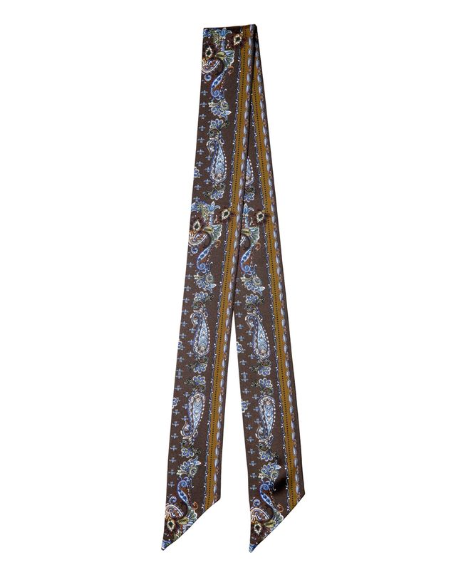 Palm Palm The Donna long skinny silk twillie scarf in brown and blue featuring ornate paisley prints and a gold border.