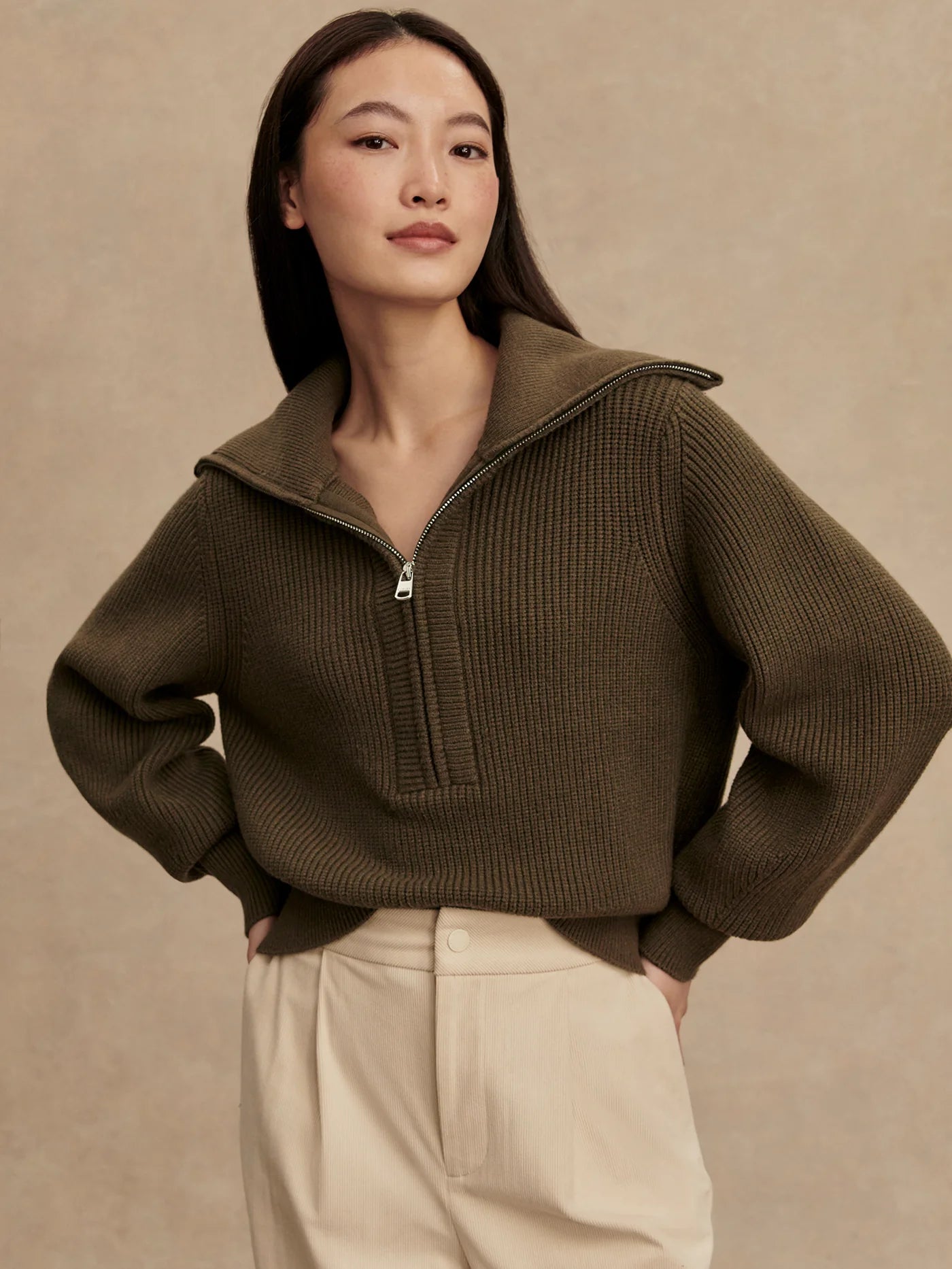 Maura Half-Zip Rib Knit - Olive Night