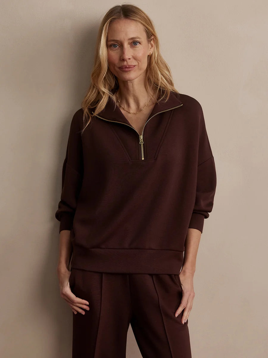 Varley Hawley coffee bean brown Ottoman rib knit half-zip sweatshirt.