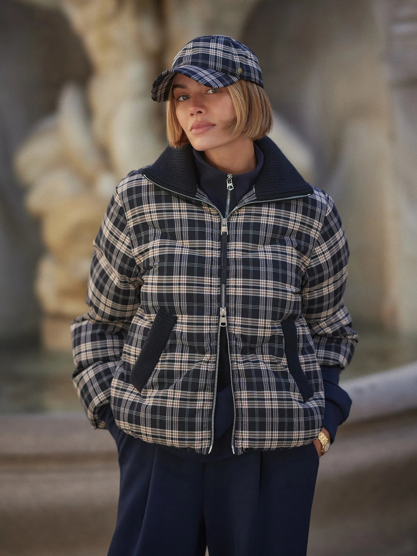 Boxy flannel navy check puffer jacket