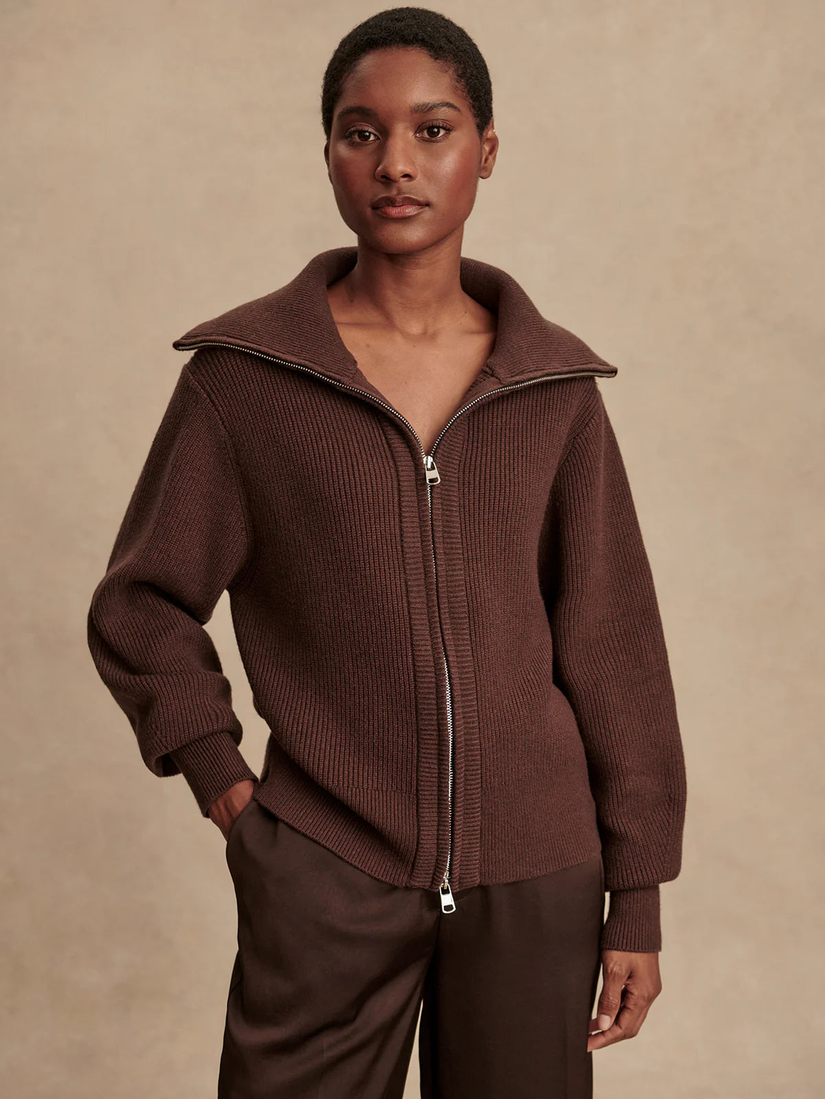 brown soft knit zip up jacket 
