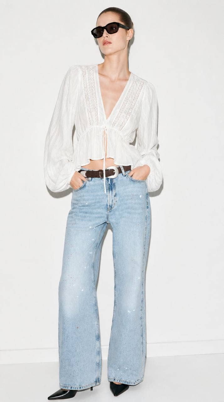 Lace Insert Peplum Blouse - White